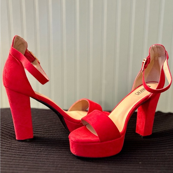 New Idifu Red Suede Sexy Chunky High Heel Shoes- Sz 10 - Picture 2 of 11